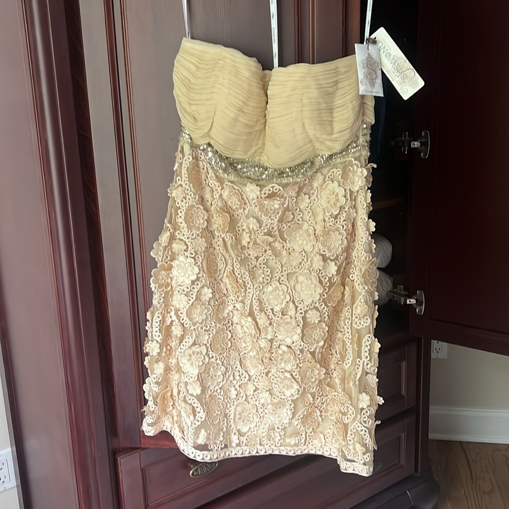Sue Wong Strapless Champagne Floral Appliqué Cocktail Dress Women's size 12 - Picture 2 of 13